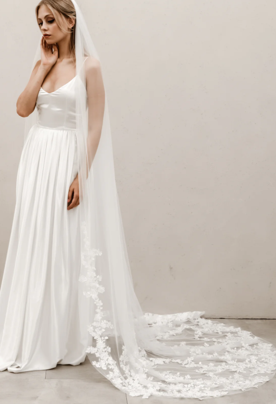 Cathedral Length Floral Wedding Veil – Off White | Style V004 by Heirloom Bridal